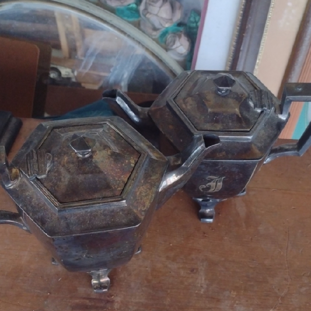 Vintage Hexagonal Stamped Silver Teapot Pair